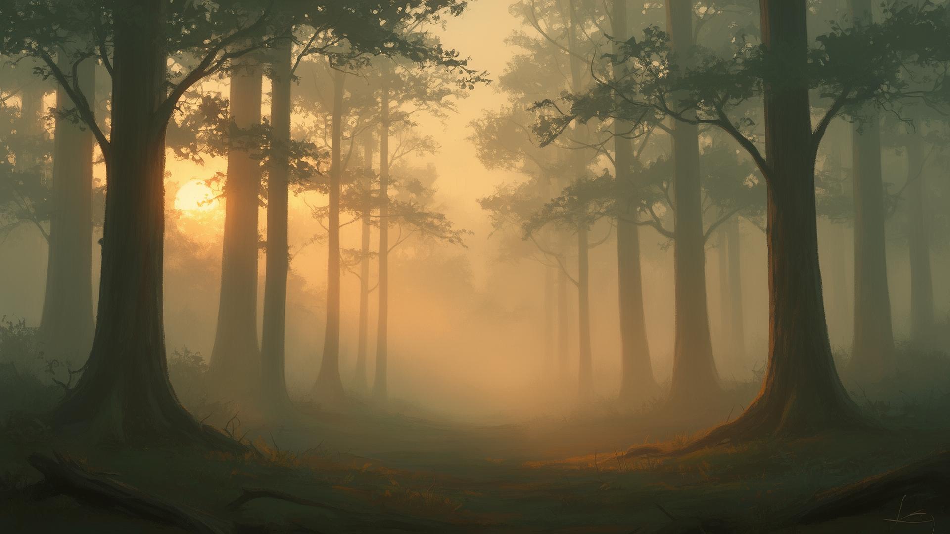 Soft sunrise through a misty forest